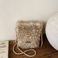 Plush crossbody bucket bag with deer print faux fur and a thick rope shoulder strap - Coffee without Pendant