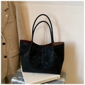 Retro black faux suede tote bag with dual long handles for daily work or travel - Without Pendant / Black