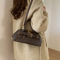 Minimalist dark brown Boston shoulder bag in vintage faux leather with gold buckle detail - Brown