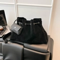 Large black suede bucket bag with matching small coin pouch and drawstring closure - Black without Pendant
