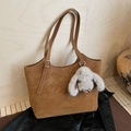 Caramel brown vintage faux suede tote bag with adjustable strap and plush bunny charm - Brown (With Charm)