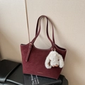 Deep red vintage tote bag with white contrast stitching and a plush bunny charm - Red (With Pendant)