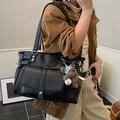 Retro black tote bag with large capacity featuring buckle details and cute bear charm - Black with Pendant