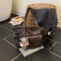 Dark brown vintage texture tote bag with metal buckles and a cute teddy bear charm - Coffee with Pendant