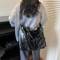 Black vintage washed PU leather tote bag with wide strap and multi-pocket design - Black
