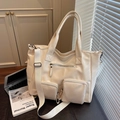 Cream-colored large capacity tote bag in washed PU leather with multi-pocket design - Off White