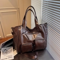 Dark brown large capacity washed PU leather tote bag with multiple zip pockets - Brown