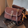 Vintage brown frosted faux suede messenger bag with decorative beads and metal buckle - Coffee (With Charm)