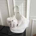White faux fur tote bag with long cream straps and a cute grey bunny keychain charm - White with Pendant