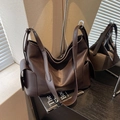 Minimalist large dark brown PU leather shoulder bag with side pockets and double straps - Coffee