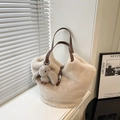 Chic beige plush tote bag with brown leather handles and a cute rabbit charm - Apricot With Pendant