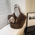 Dark brown plush tote bag with leather handles and a cute rabbit plush charm - Brown with Pendant