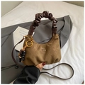 Vintage brown quilted suede handbag with brown leather scrunchie handle and beaded charm - Olive Green (With Pendant)