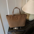 Brown suede large tote bag with circular buckle detail and dual top handles - Brown