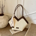 Beige woven tote bag with V-cut design, dark brown leather straps and decorative scarf - Off White