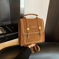Vintage brown leather mini backpack with contrast stitching and metallic buckle details - Brown No Pendant
