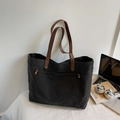 Retro große schwarze Segeltuchtasche mit braunen Ledergriffen und Metallnieten Details - Schwarz