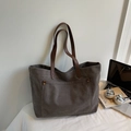 Minimalistische dunkelgraue Canvas-Tasche mit braunen Lederriemen und Tasche - Grau
