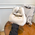 Fuzzy cream faux fur handbag with brown leather straps and silver metal twist lock clasp - Off-white