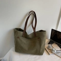 Large army green canvas tote bag with brown leather straps for daily commute - Green
