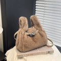 Fuzzy camel faux fur handbag with leather strap and metal twist lock detail - Khaki