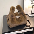 Brown faux fur small tote bag with metal twist lock and leather crossbody strap - Brown