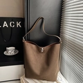 Retro dark brown large capacity matte suede tote bag with a silver metal turn lock closure - Green