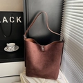 Minimalist large capacity dark brown frosted suede bucket bag with metal buckle - Brown