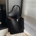 Large black matte shoulder bucket bag with silver metal buckle and brown interior - Black