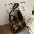 Brown plaid flannel tote bag with retro check pattern and casual shoulder strap style - Brown