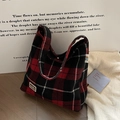 Red and black plaid flannel tote bag with Bear logo patch and magnetic closure - Red