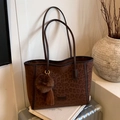 Brown leopard print suede tote bag with plush pom-pom tassel and long shoulder straps - Coffee with Pendant