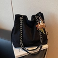 Black suede tote bag with gold chain strap and cute bear charm for daily wear - Black with Pendant