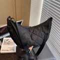 Black quilted nylon crescent bag with diamond stitch and adjustable strap for daily commute - Black