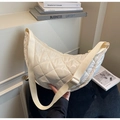 Quilted cream nylon crescent shoulder bag with adjustable wide strap and large diamond pattern - Off-white
