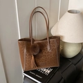 Retro leopard print tote bag with brown leather handles and decorative pompom tassel - Brown with Pendant