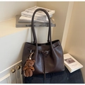 Dark coffee brown tote bag with pleated texture and stylish plush bear pendant - With Charm / Coffee