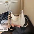 Chic cream pleated hobo bag with wooden bead tassel and adjustable shoulder strap - White