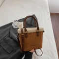 Sac seau en daim marron avec bordure en peau lainée crème et bandoulière - Brun Sans Pendentif