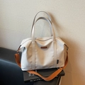 Beige Canvas-Tragetasche mit orangefarbenen Webriemen und großem Fassungsvermögen - Grau