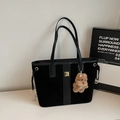 Modern black oversized tote bag in matte texture with golden buckle and dog charm - With Charm / Black