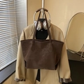 Minimalist large brown leather tote bag for women with slim shoulder straps - Coffee without Pendant