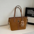 Brown suede tote bag with leather trim and a cute plush bear charm for daily use - With Charm / Yellow Brown