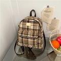 Retro plaid backpack in brown and green tweed with premium leather trim and gold hardware - Brown