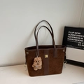 Dark coffee large tote bag in suede and leather with gold buckle and plush charm - With Charm / Coffee