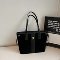 Chic black large suede tote bag with leather straps and gold metal accent for women - No Pendant / Black
