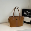 Classic retro brown faux suede tote bag with golden metal hardware and long straps - No Pendant / Yellow Brown