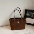 Dark brown suede tote bag with vertical strap detail and elegant golden nameplate - No Pendant / Coffee