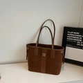 Minimalist brown suede and leather tote bag for women featuring a sleek trapezoid shape - No Pendant / Brown