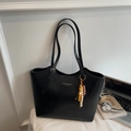 Black vintage leather tote bag with colorful bead tassel and thin shoulder straps - Black With Pendant